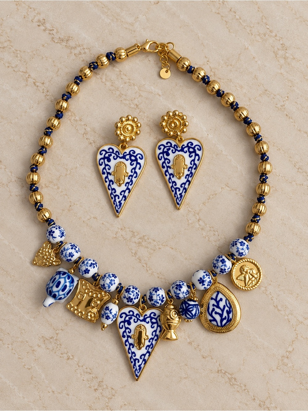 Blue & White Porcelain Heart Charm Jewelry Set